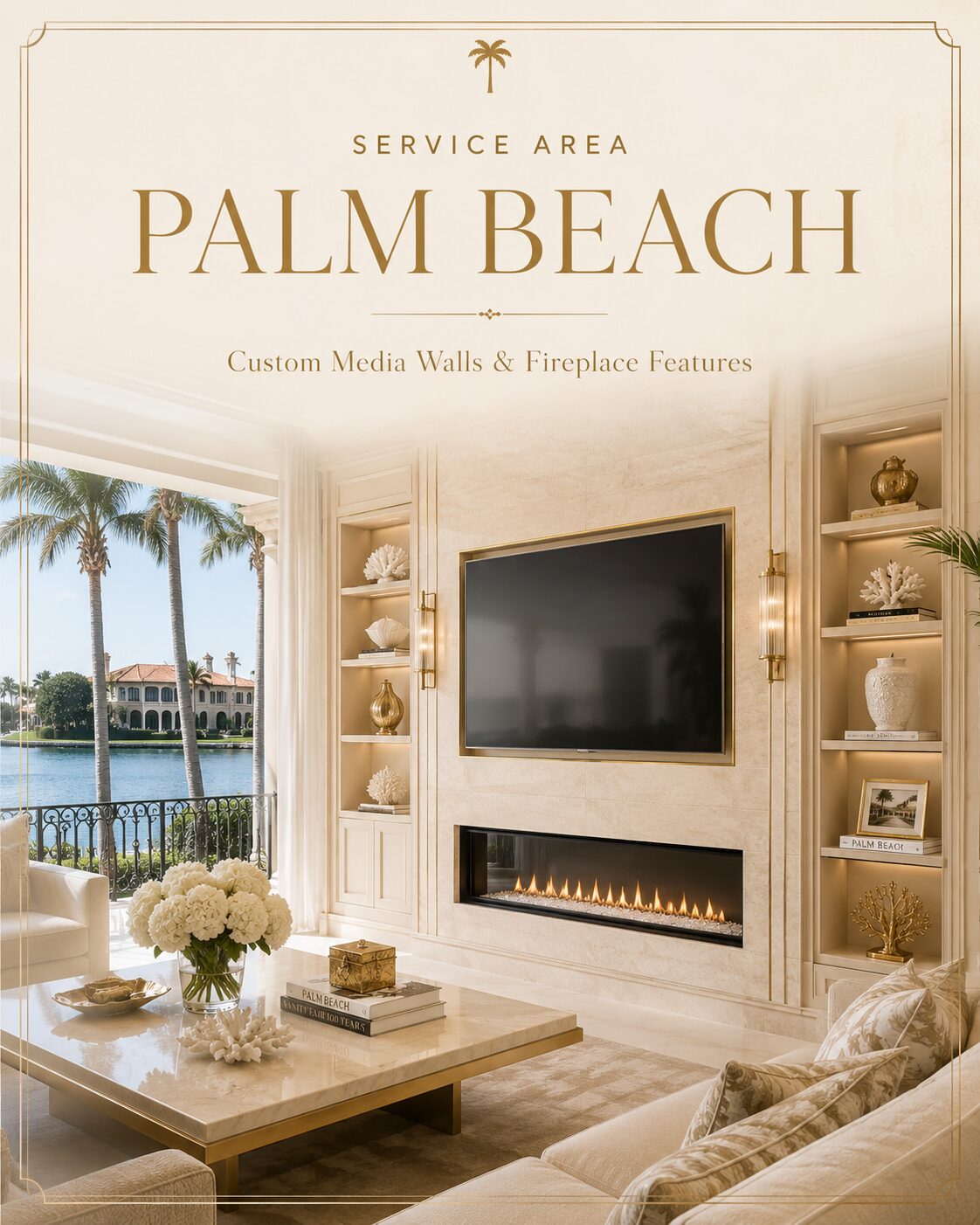 Elegant custom media wall with fireplace and luxury built-ins in a Palm Beach home