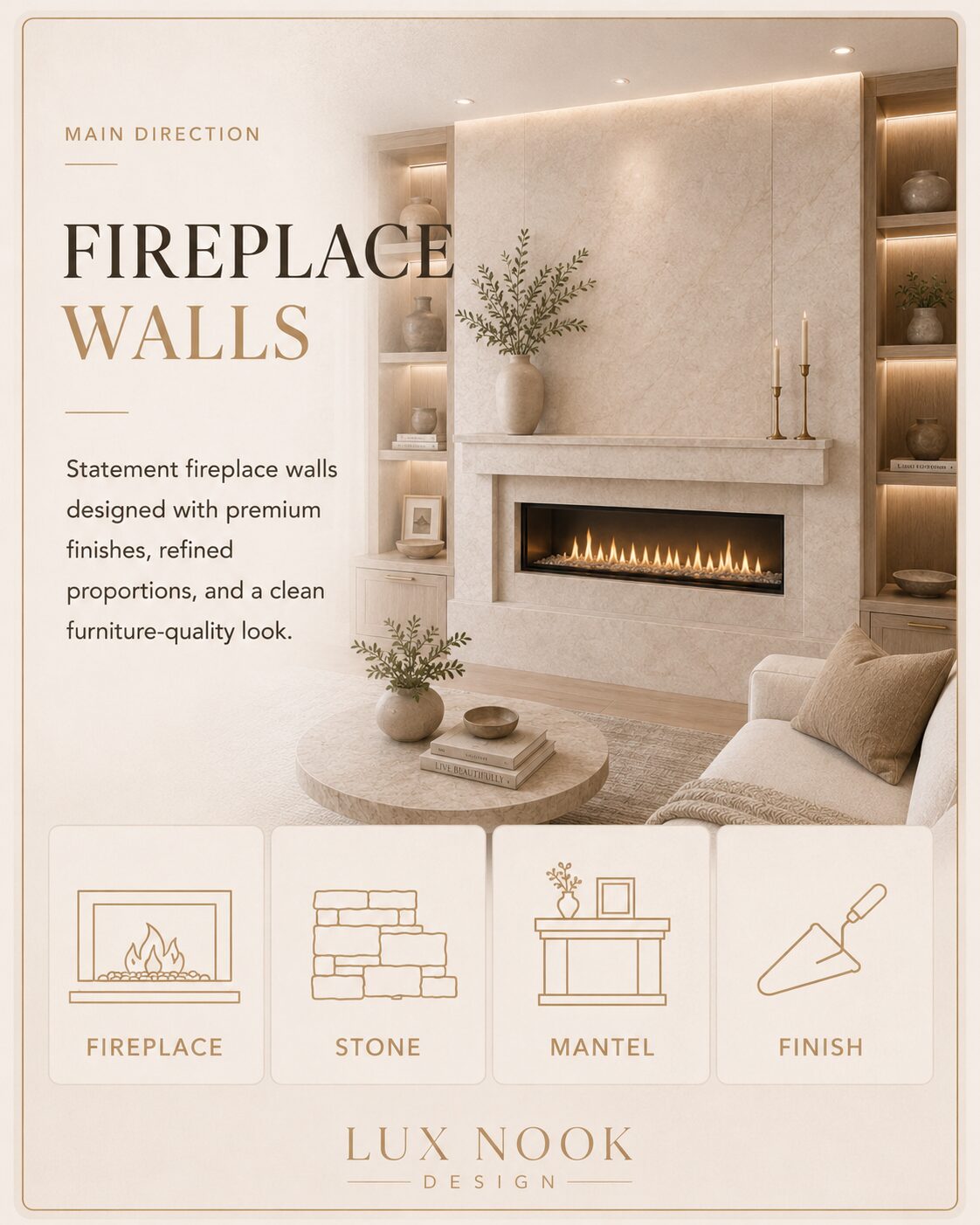 Custom fireplace wall with premium stone finish, modern mantel, built-in shelving, and warm lighting