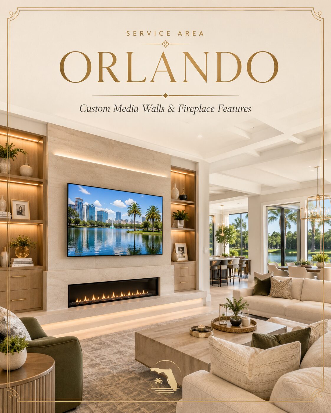 Luxury custom media wall with fireplace and built-in shelving in a modern Orlando home