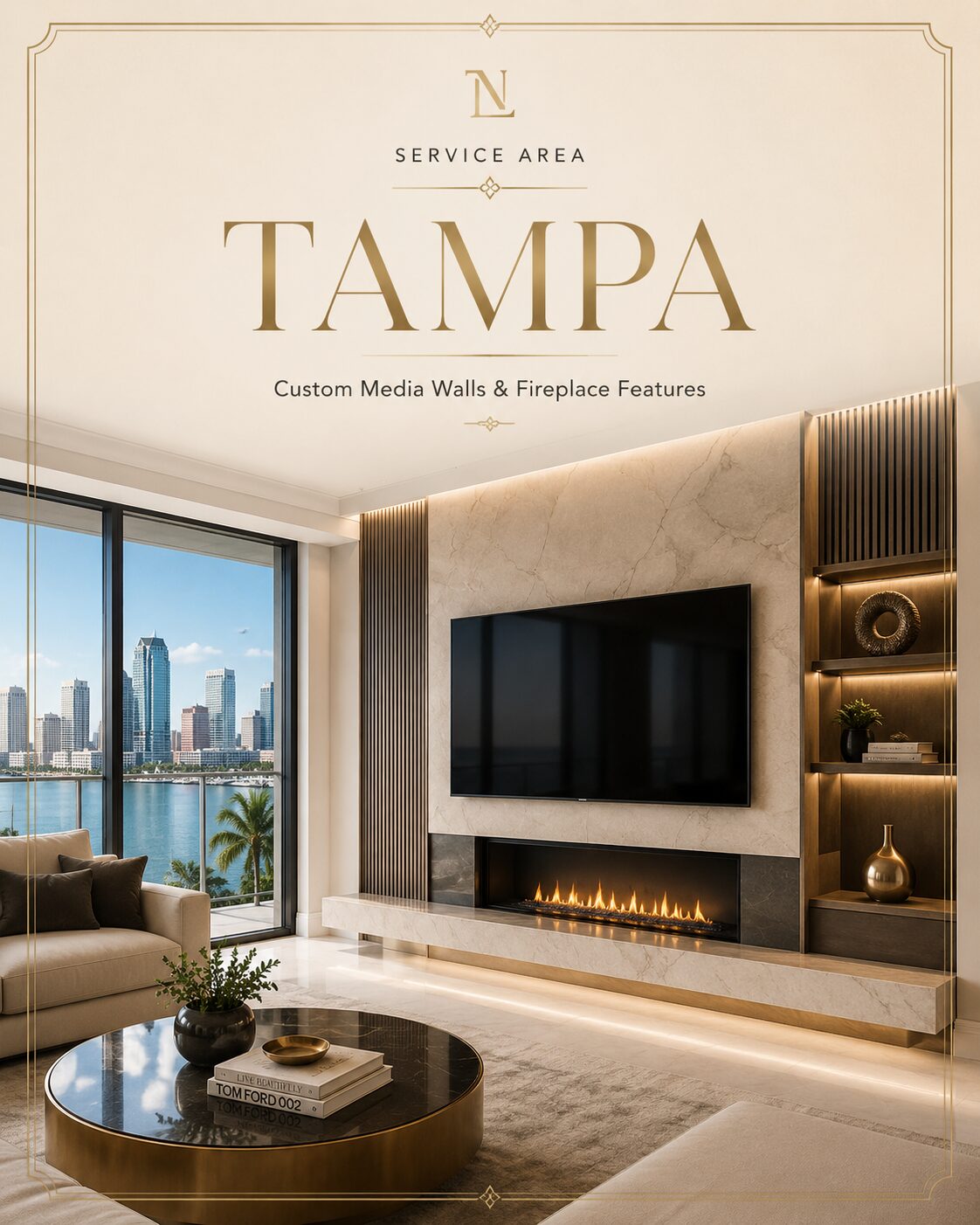 Luxury custom media wall with fireplace and skyline view in a modern Tampa home