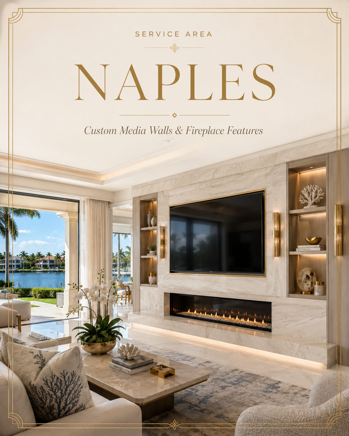 Luxury stone media wall with fireplace and custom built-ins in an upscale Naples home
