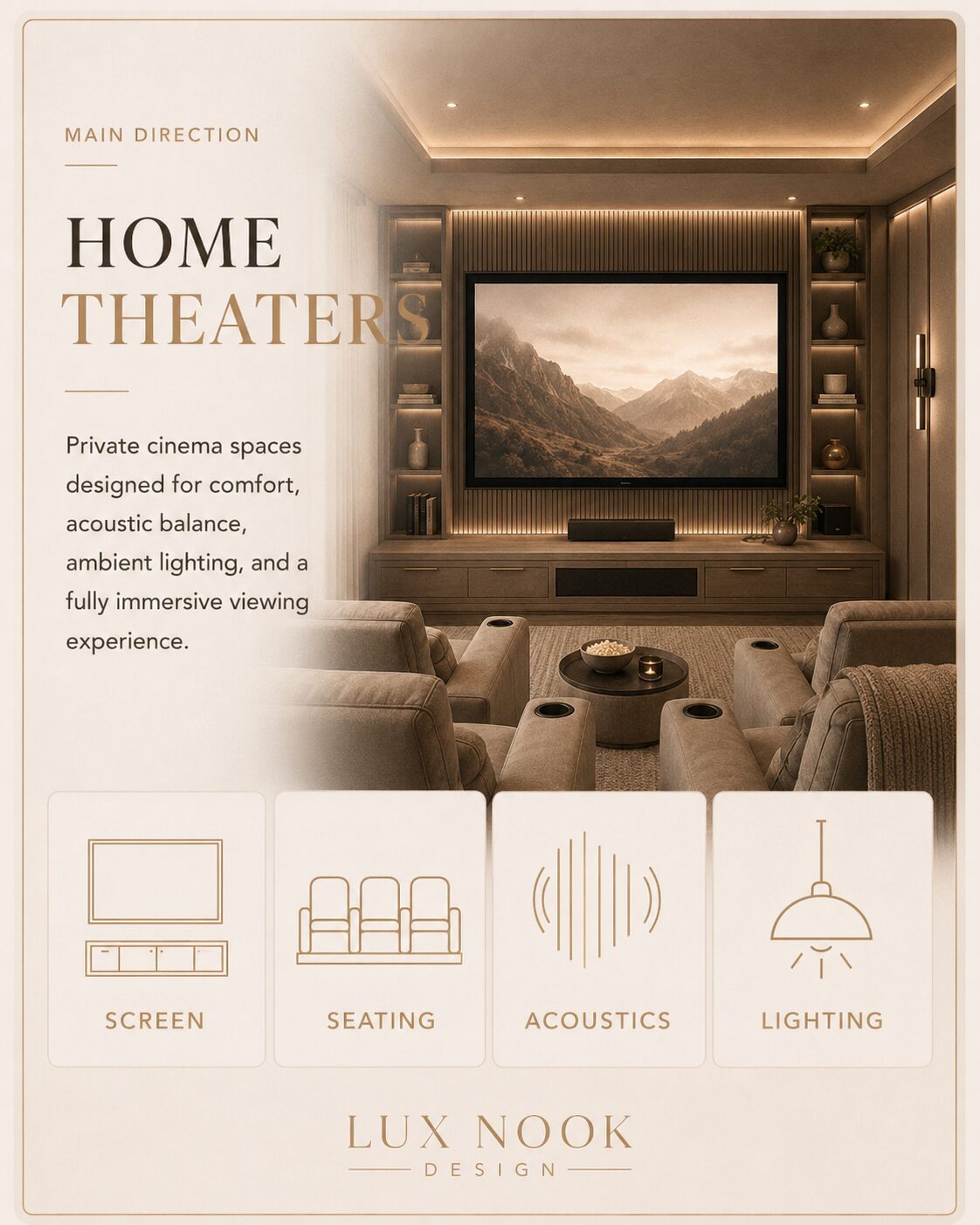 Luxury custom home theater with large screen, cinema seating, acoustic wall panels, and ambient lighting