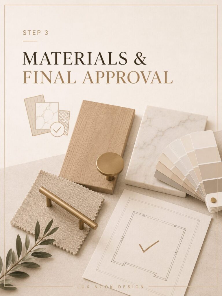 Material and finish selection for a custom fireplace and media wall