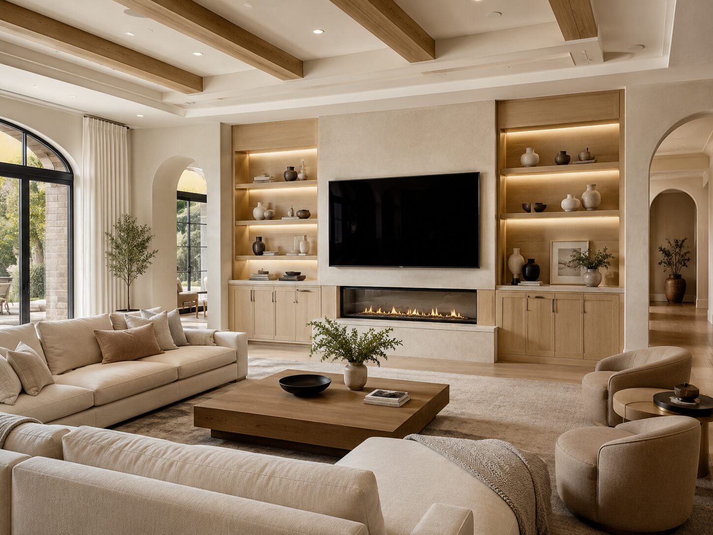 Custom media wall designed around the layout, proportions, and interior style of a Florida home