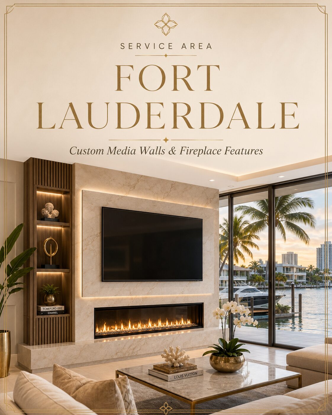 Modern custom media wall with fireplace overlooking the waterfront in a Fort Lauderdale home