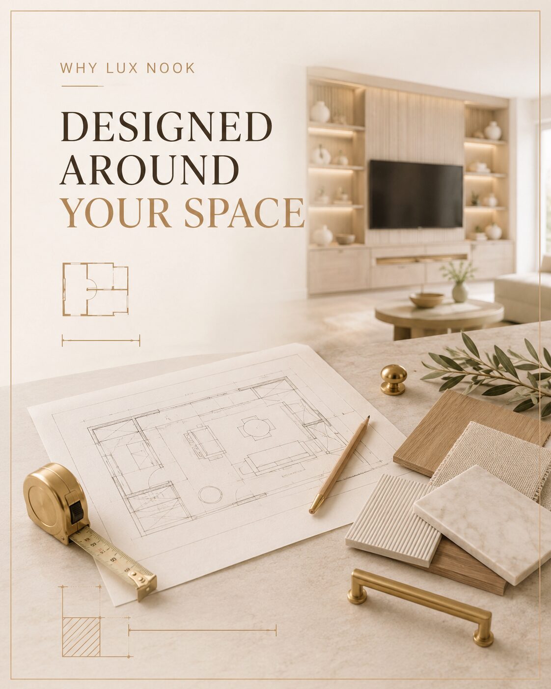 Interior design planning board with room layout sketch, finish samples, and a custom media wall in the background