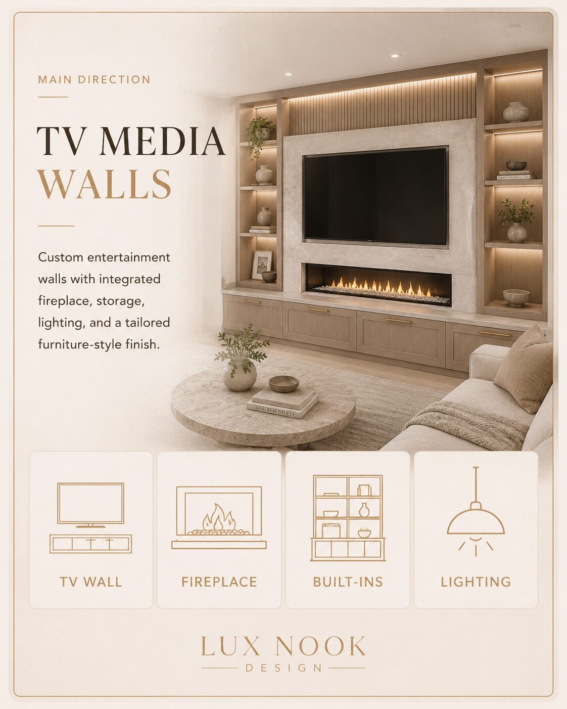 Custom TV media wall with linear fireplace, built-in cabinetry, shelving, and integrated lighting