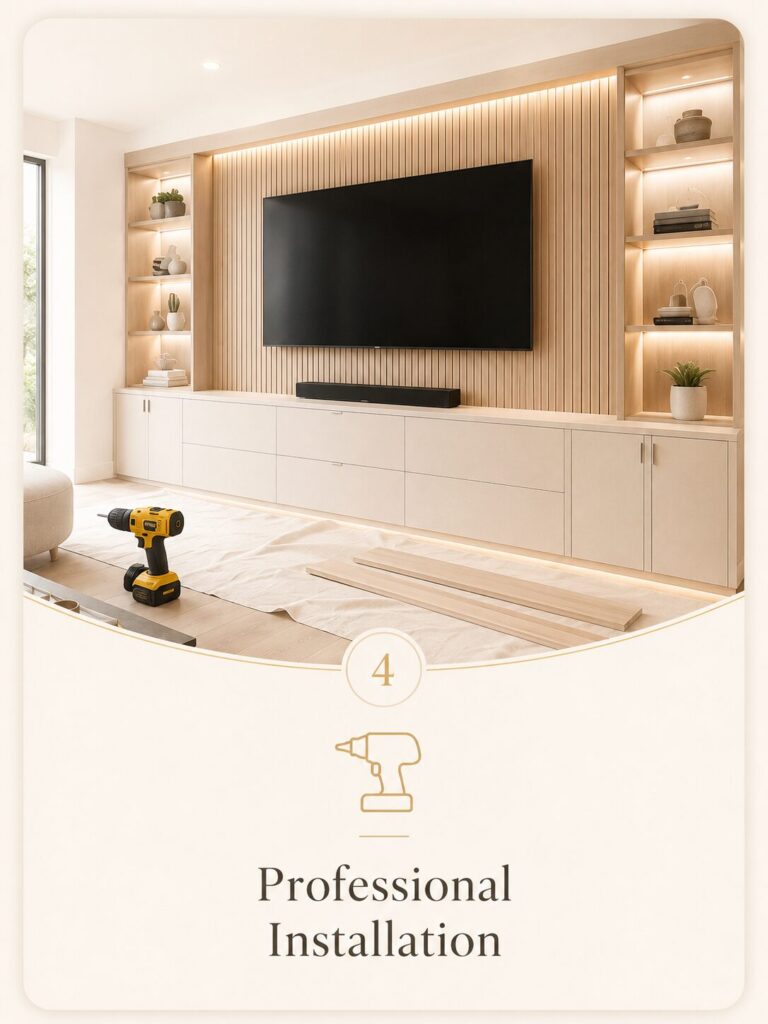 Custom TV media wall during professional installation with built-in cabinetry, wood slat paneling, and integrated lighting.