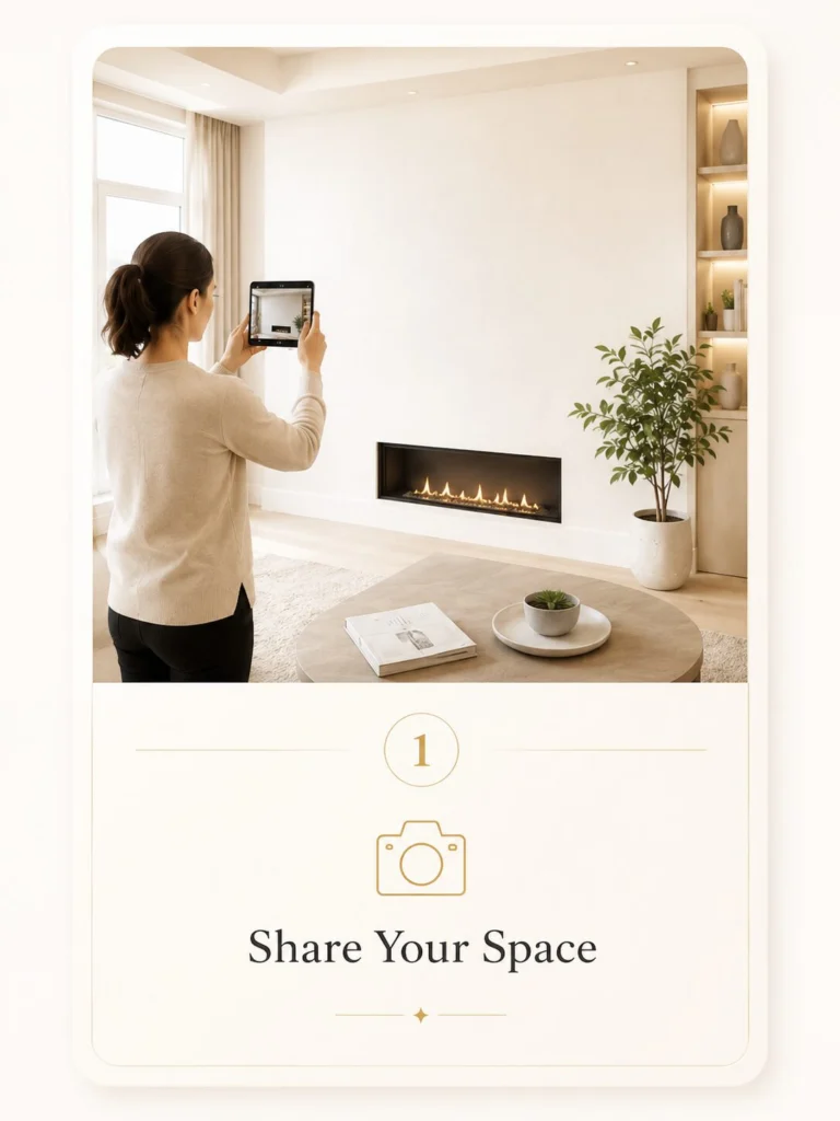 Homeowner taking a photo of a living room wall to start planning a custom TV media wall project.