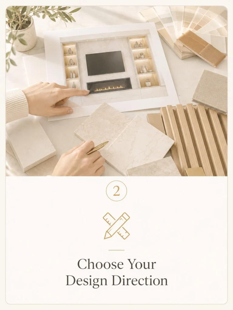 Design planning materials for a custom TV media wall, including finish samples, layout concept, and style selections.