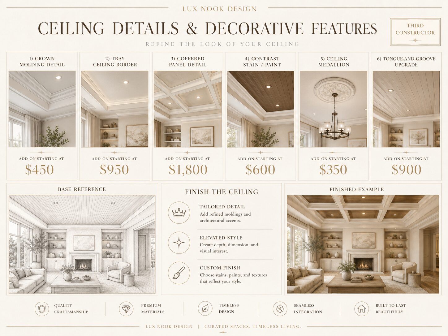 Decorative Ceiling Details and Features in Florida | Lux Nook Design Decorative ceiling detail options in Florida including crown molding, tray ceiling borders, coffered panels, contrast wood stain, ceiling medallions, and tongue-and-groove ceiling finishes.