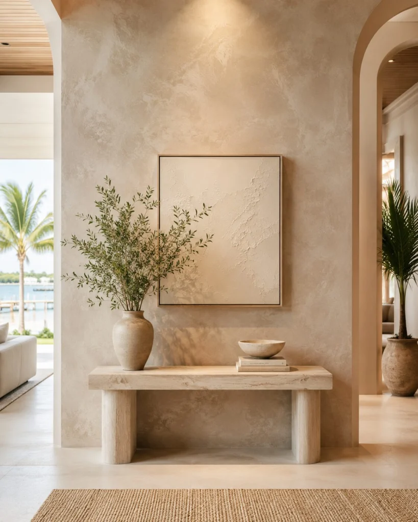 Custom Accent Wall FAQ in Florida | Lux Nook Design Custom accent wall in Florida with limewash or Roman Clay finish, minimalist artwork, decorative console, warm lighting, and refined architectural styling.