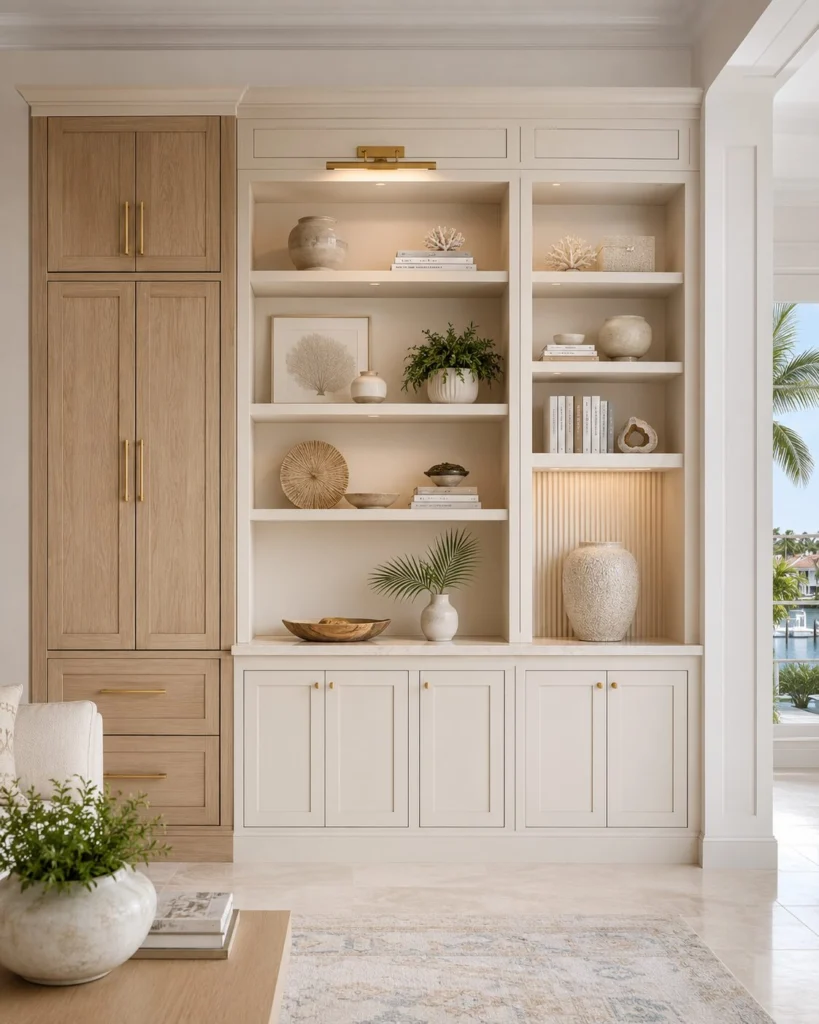 Custom Built-In Cabinetry FAQ in Florida Custom built-in cabinetry in Florida with closed storage, open display shelves, premium painted finishes, natural wood details, and integrated lighting.