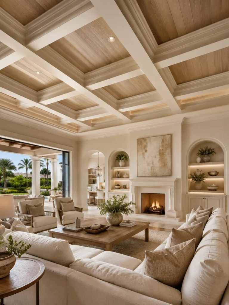 Custom Ceiling Design FAQ in Florida | Lux Nook Design Custom ceiling design in a Florida living room with coffered beams, natural wood inserts, recessed lighting, crown molding, and architectural ceiling details.
