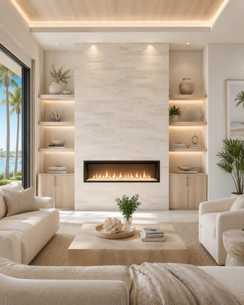 Custom fireplace wall in Florida with stone finish, linear electric fireplace, illuminated shelves, built-in cabinets, and integrated lighting.
