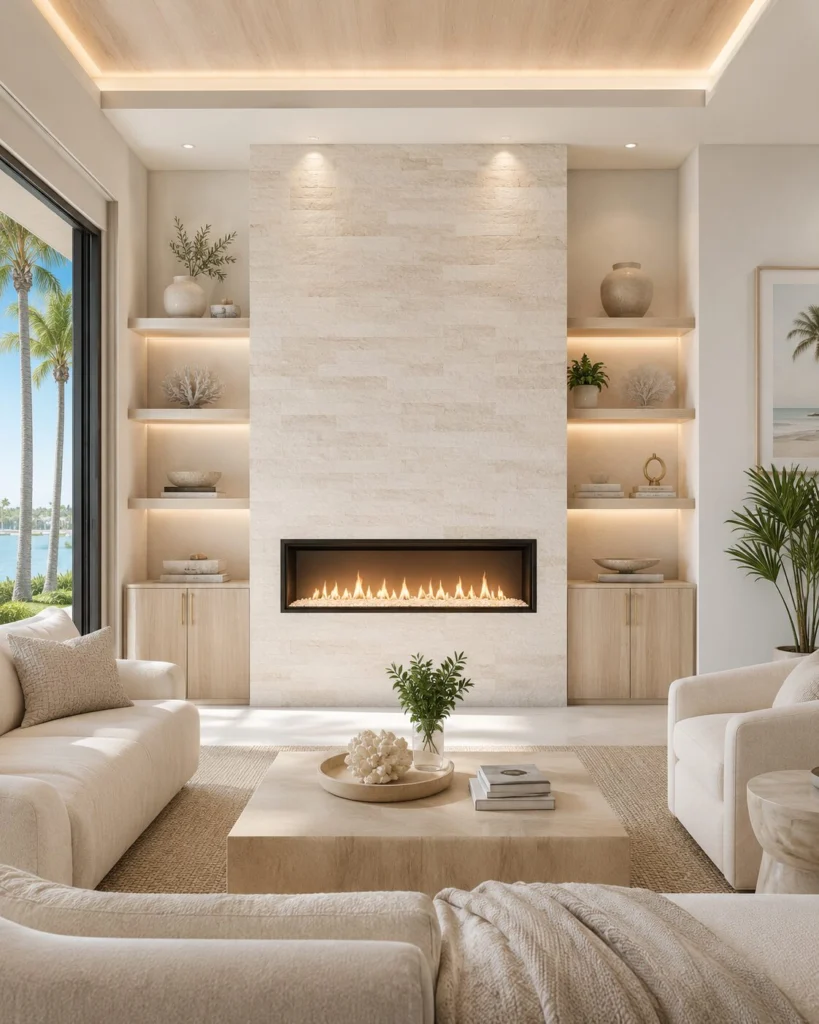 Fireplace Wall FAQ in Florida | Lux Nook Design Custom fireplace wall in Florida with stone finish, linear electric fireplace, illuminated shelves, built-in cabinets, and integrated lighting.