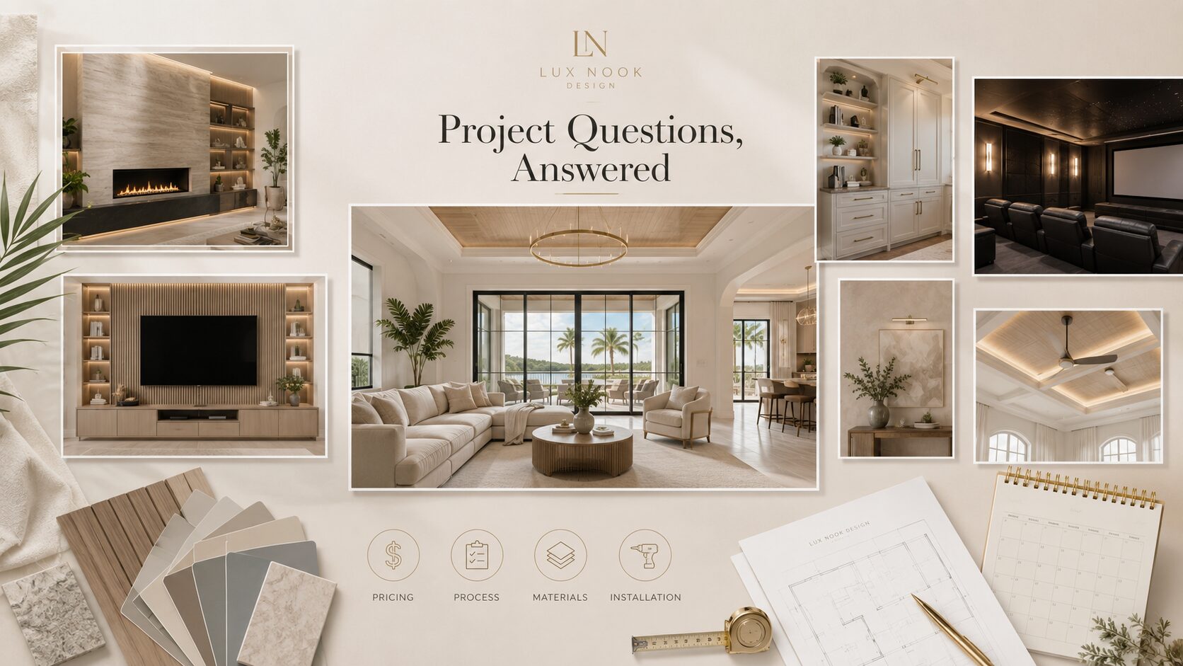 Custom home features FAQ Florida covering fireplace walls, TV media walls, built-in cabinetry, home theaters, accent walls, ceiling designs, pricing, materials, and installation. Project Questions, Answered: Custom home features FAQ Florida covering fireplace walls, TV media walls, built-in cabinetry, home theaters, accent walls, ceiling designs, pricing, materials, and installation.