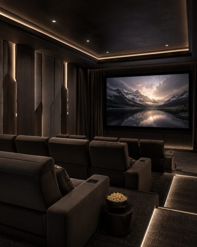 Luxury custom home theater in Florida with tiered seating, acoustic wall panels, large projection screen, integrated lighting, and cinematic room design.