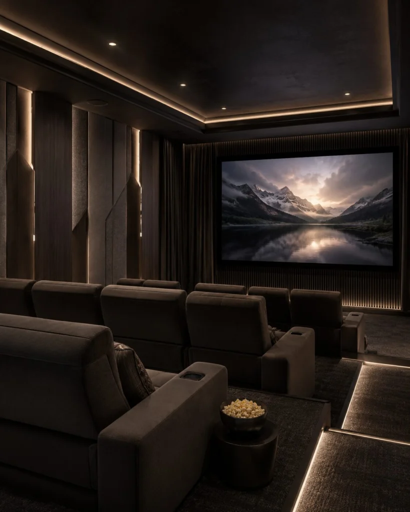 Custom Home Theater FAQ in Florida | Lux Nook Design Luxury custom home theater in Florida with tiered seating, acoustic wall panels, large projection screen, integrated lighting, and cinematic room design.