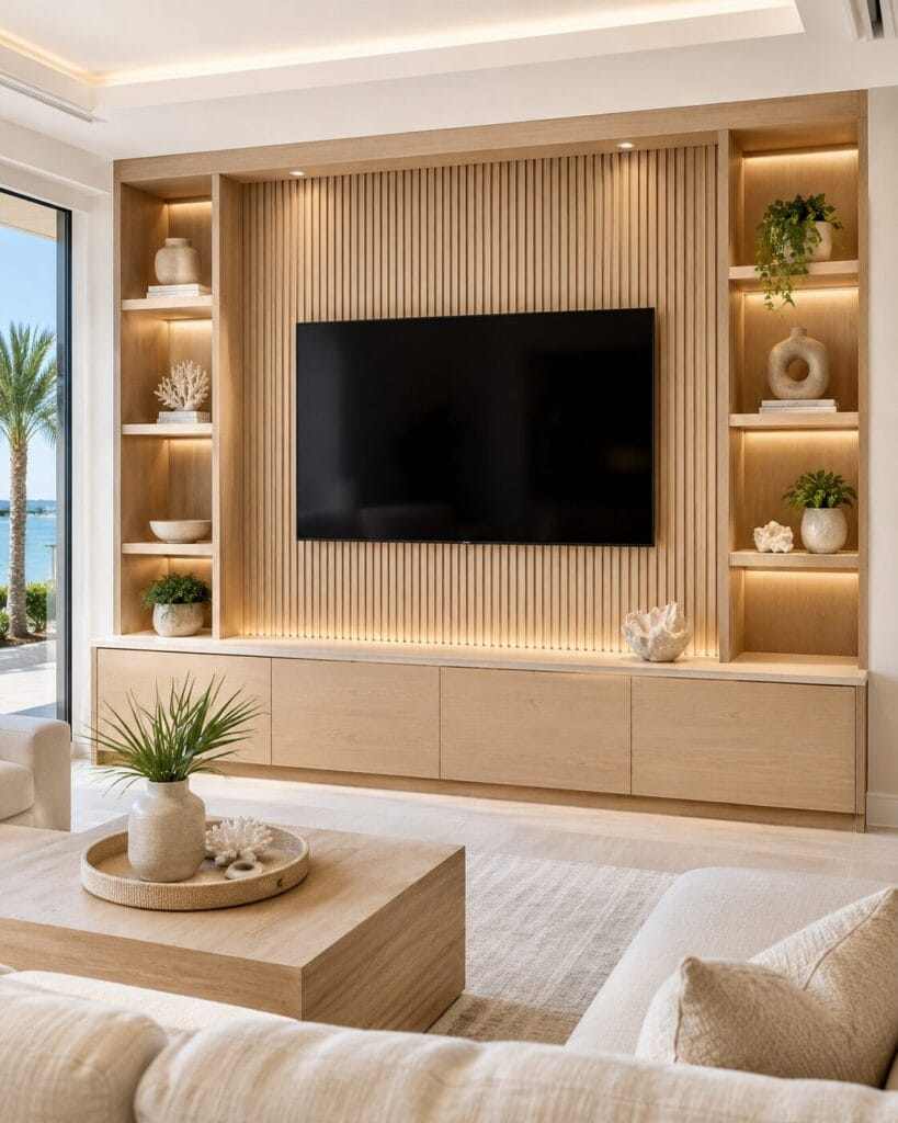 Custom TV media wall in Florida with wood slat panels, built-in shelving, lower cabinets, concealed wiring, and warm LED lighting.