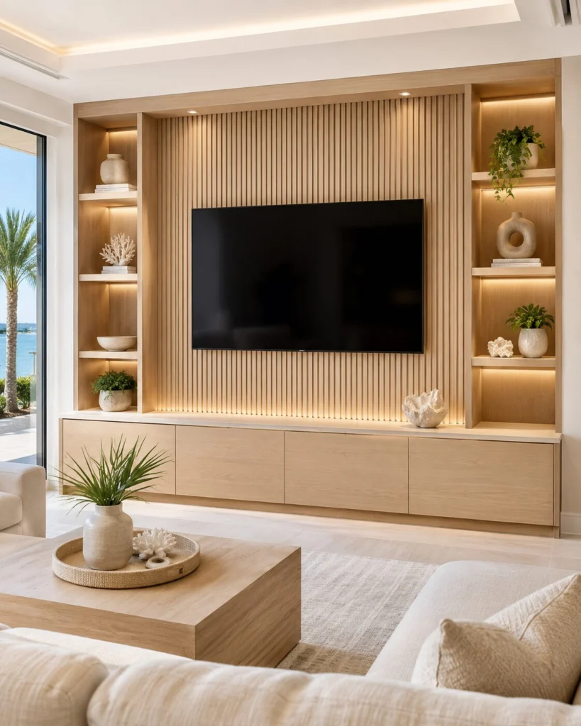TV Media Wall FAQ in Florida | Lux Nook Design Custom TV media wall in Florida with wood slat panels, built-in shelving, lower cabinets, concealed wiring, and warm LED lighting.