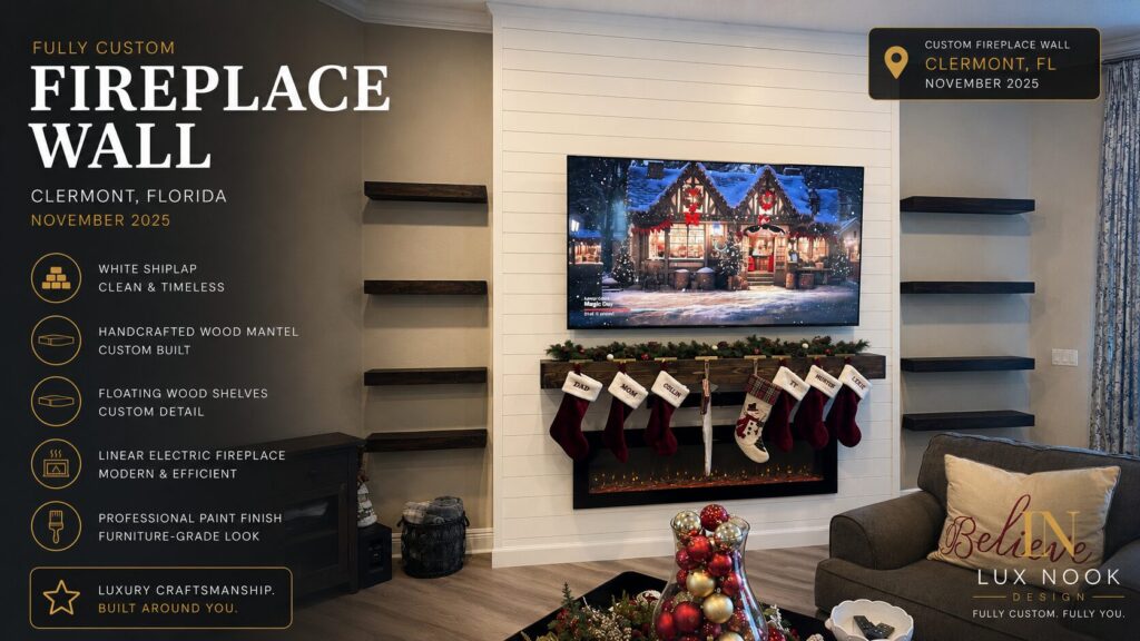 clermont-custom-fireplace-wall-project-white-shiplap-shelves.jpeg Custom fireplace wall project in Clermont, Florida with white shiplap, floating wood shelves, handcrafted wood mantel, and linear electric fireplace.