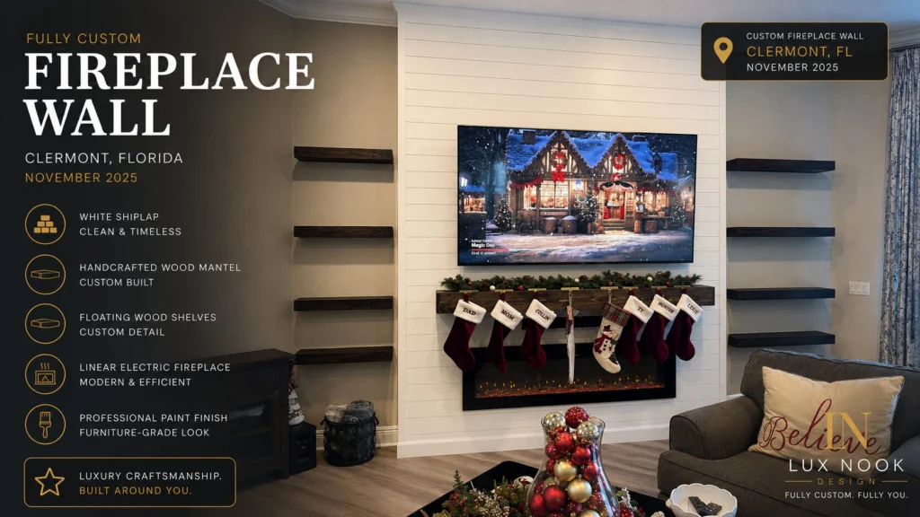 clermont-custom-fireplace-wall-project-white-shiplap-shelves.jpeg Custom fireplace wall project in Clermont, Florida with white shiplap, floating wood shelves, handcrafted wood mantel, and linear electric fireplace.