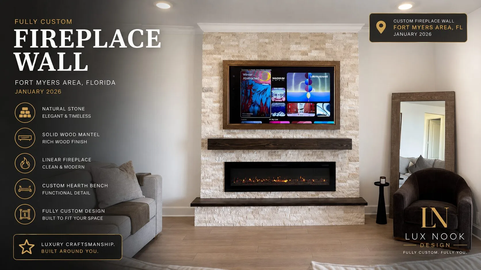Custom fireplace wall project in Fort Myers, Florida with natural stone, solid wood mantel, custom hearth bench, mounted TV, and linear electric fireplace.