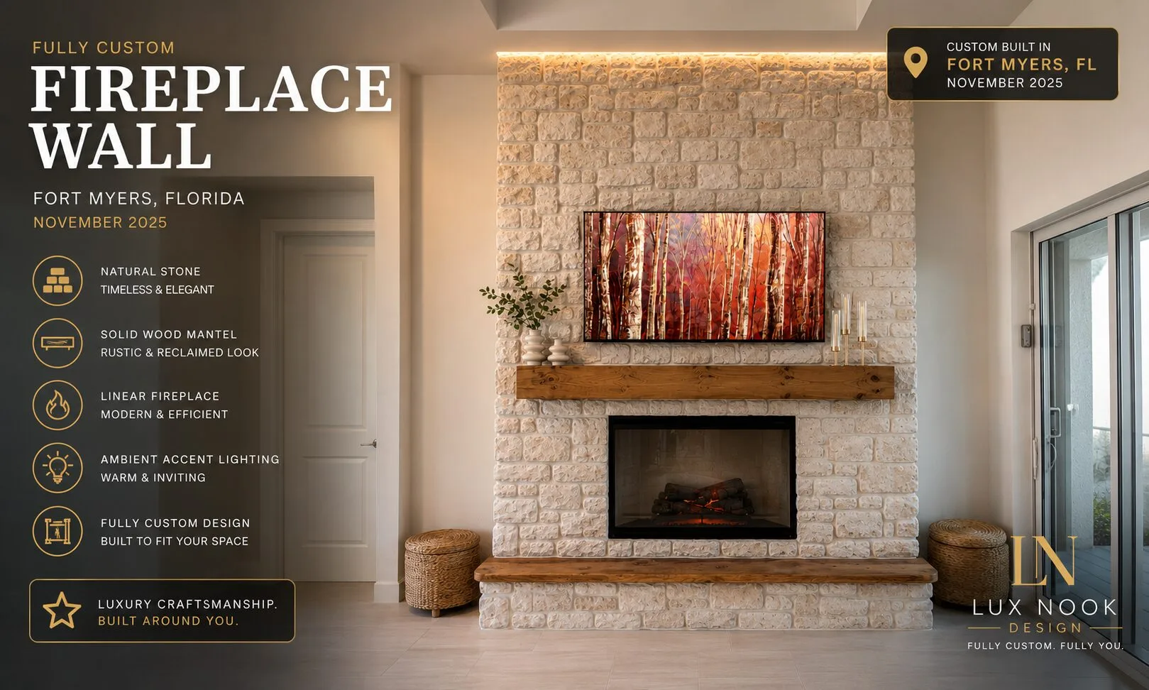 Natural stone fireplace wall with wood mantel in Fort Myers