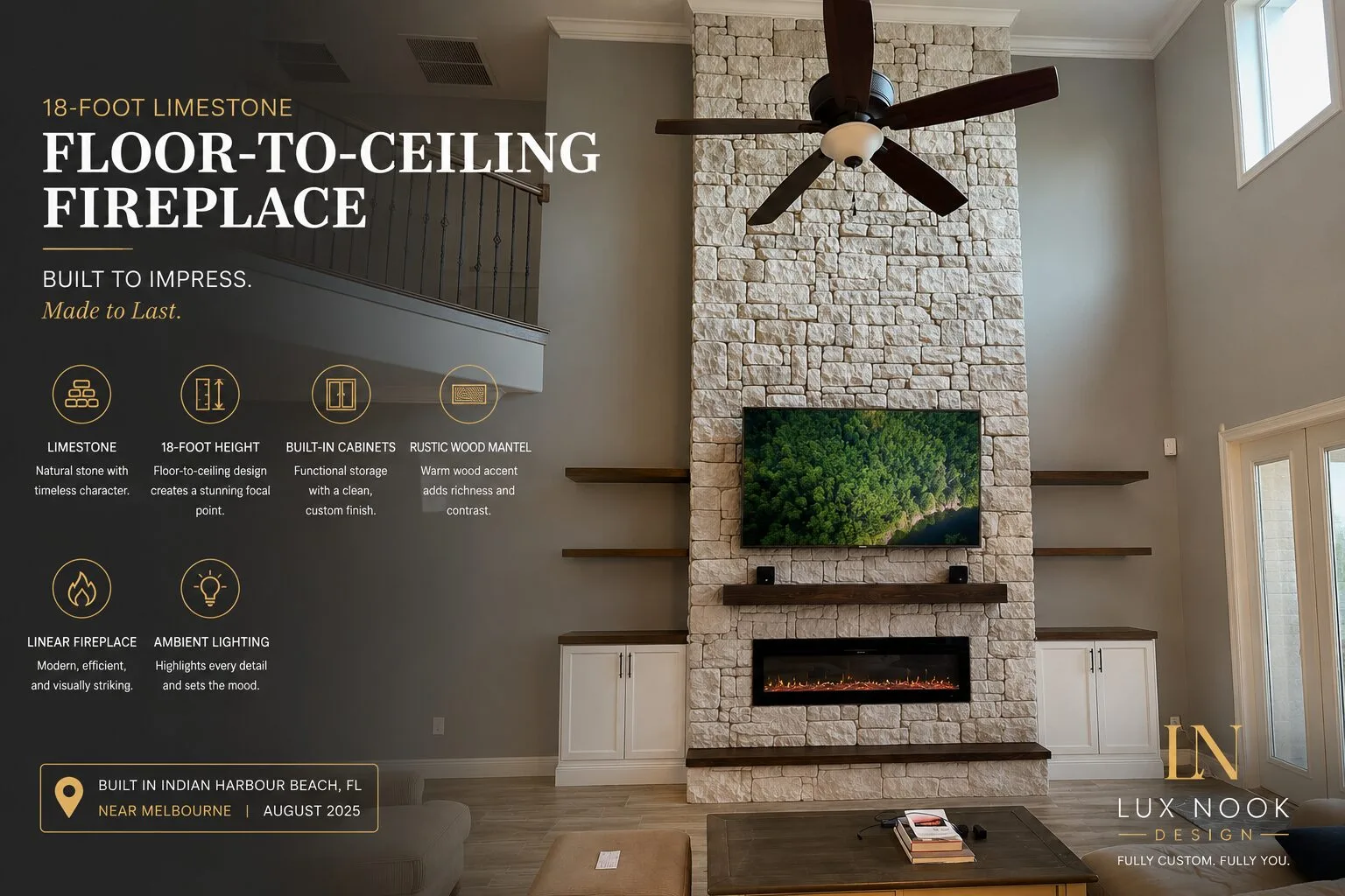 Eighteen-foot limestone fireplace wall in Indian Harbour Beach