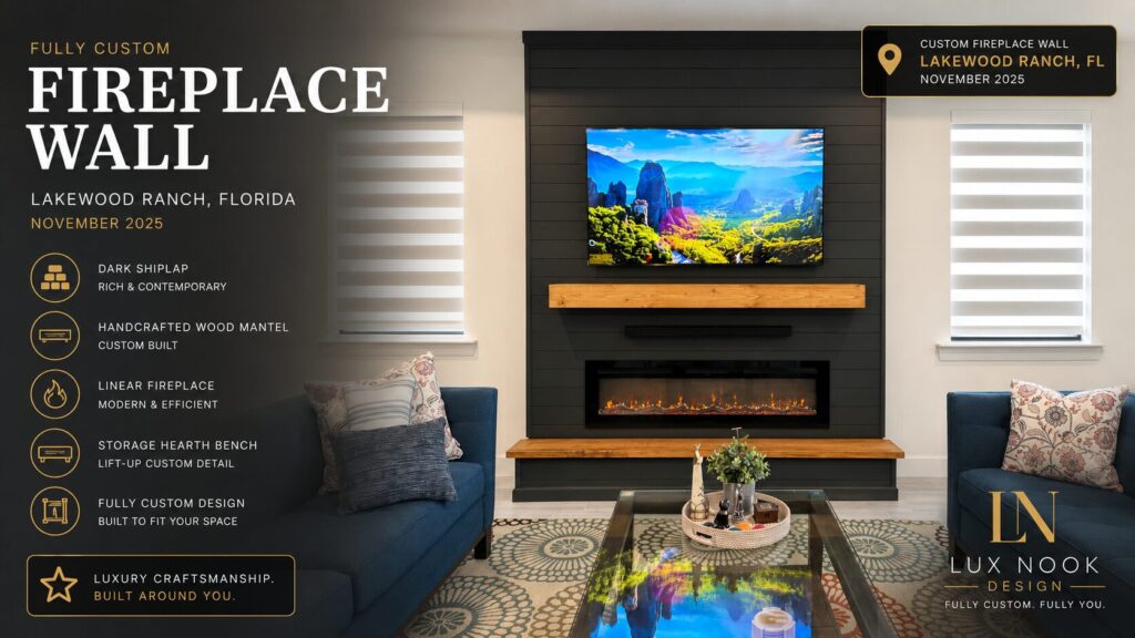custom-fireplace-wall-projects-dark-shiplap-lakewood-ranch-november-2025.jpg Custom fireplace wall projects with dark shiplap, handcrafted wood mantel and storage bench in Lakewood Ranch