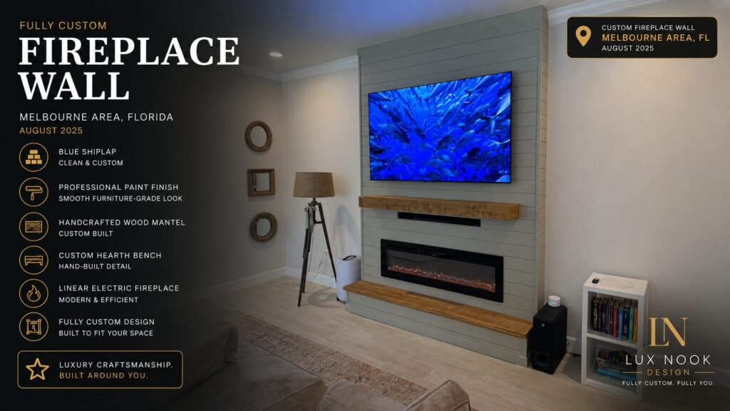 melbourne-area-custom-fireplace-wall-project-blue-shiplap.jpeg Custom fireplace wall project in the Melbourne area, Florida with blue shiplap, furniture-grade painted finish, handcrafted wood mantel, bench, and linear electric fireplace.