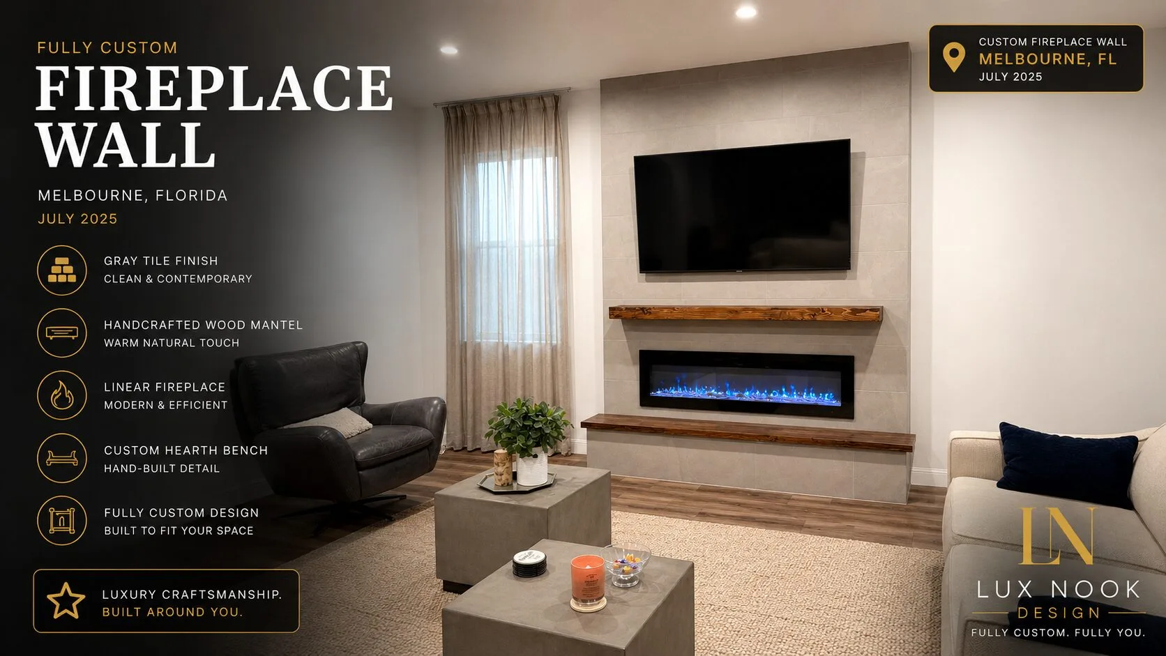 Custom fireplace wall project in Melbourne, Florida with gray tile, handcrafted wood mantel, matching hearth bench, mounted TV, and linear electric fireplace.