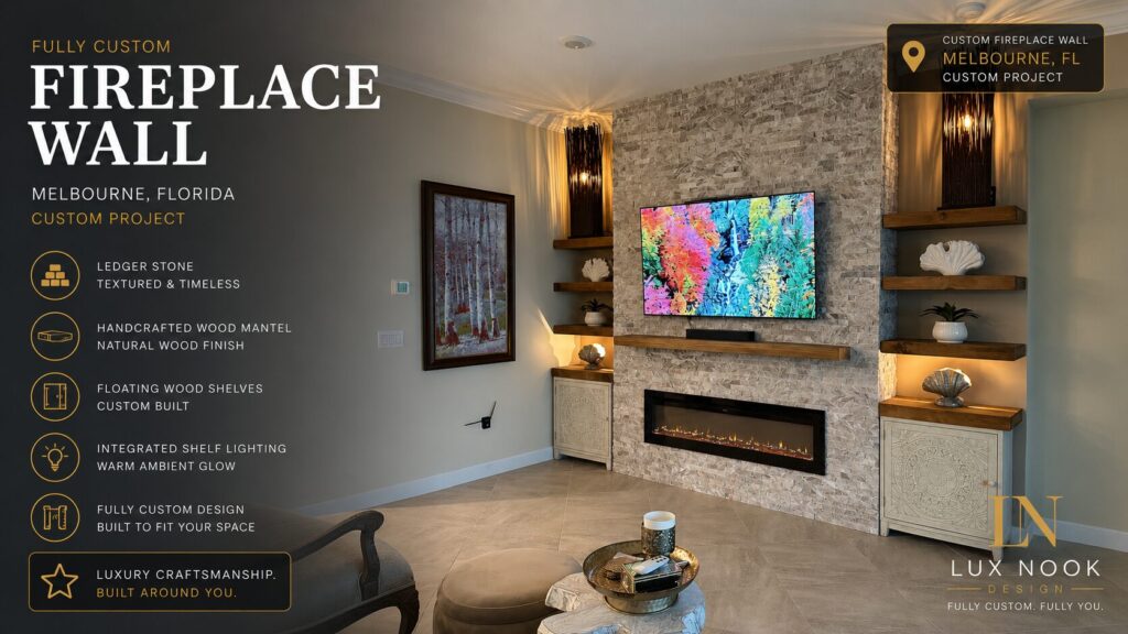 melbourne-custom-fireplace-wall-project-ledger-stone-lighted-shelves.jpeg Custom fireplace wall project in Melbourne, Florida with ledger stone, handcrafted wood mantel, floating wood shelves, built-in cabinets, and integrated shelf lighting.