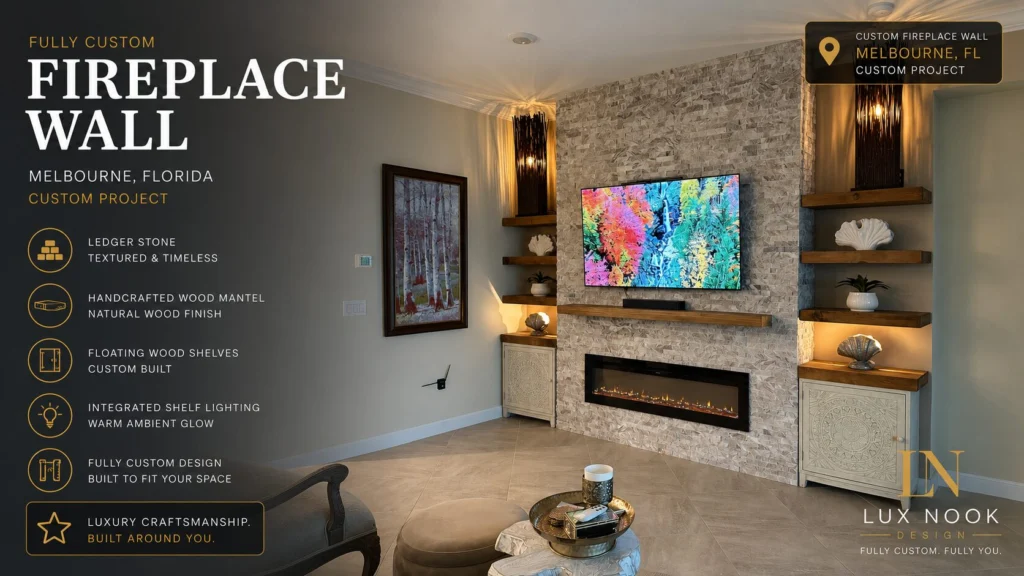 melbourne-custom-fireplace-wall-project-ledger-stone-lighted-shelves.jpeg Custom fireplace wall project in Melbourne, Florida with ledger stone, handcrafted wood mantel, floating wood shelves, built-in cabinets, and integrated shelf lighting.