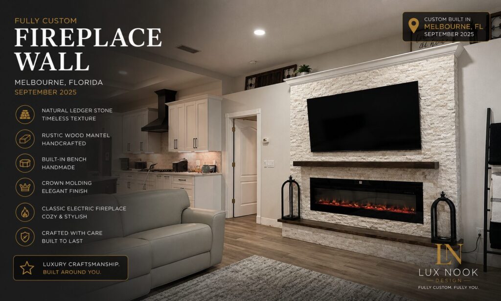 melbourne-custom-fireplace-wall-project-ledger-stone-crown-molding.jpeg Custom fireplace wall project in Melbourne, Florida with natural ledger stone, handcrafted wood mantel, built-in bench, crown molding, and electric fireplace.