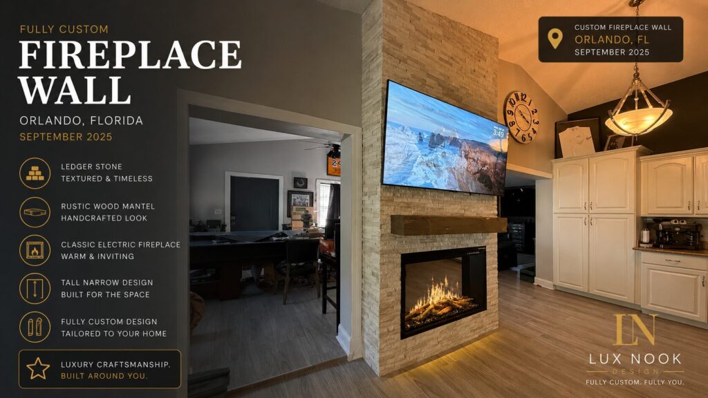 orlando-custom-fireplace-wall-project-tall-ledger-stone.jpeg Custom fireplace wall project in Orlando, Florida with tall ledger stone construction, rustic wood mantel, mounted TV, and classic electric fireplace.
