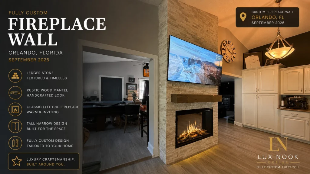orlando-custom-fireplace-wall-project-tall-ledger-stone.jpeg Custom fireplace wall project in Orlando, Florida with tall ledger stone construction, rustic wood mantel, mounted TV, and classic electric fireplace.