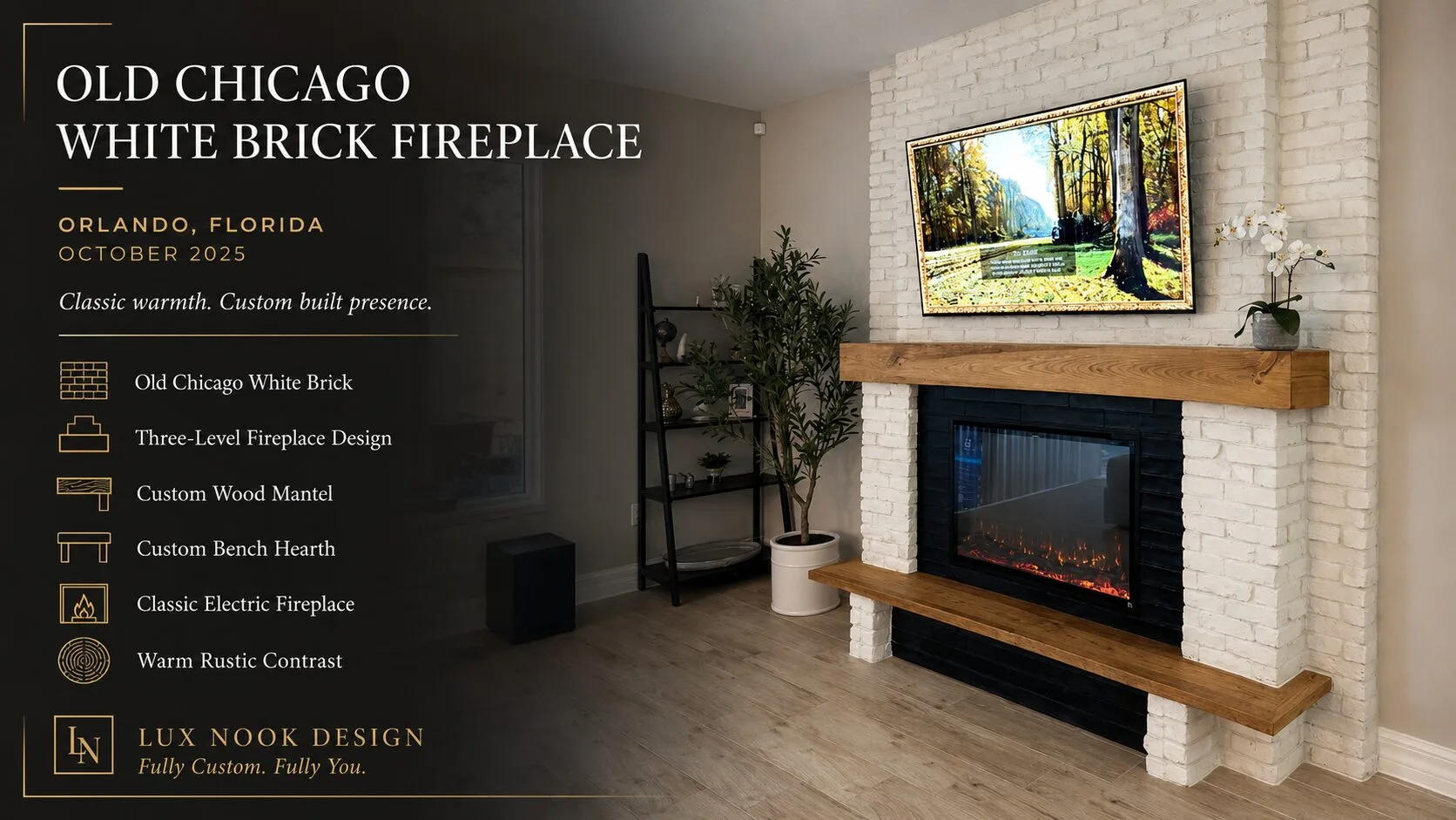 Custom fireplace wall projects featuring an Old Chicago white brick fireplace wall in Orlando, Florida
