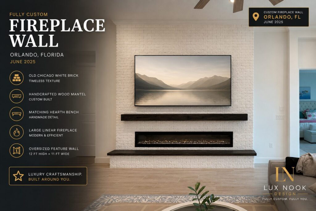 custom-fireplace-wall-projects-large-white-brick-fireplace-orlando.jpg Custom fireplace wall projects with a large white brick fireplace wall, handcrafted mantel and bench in Orlando