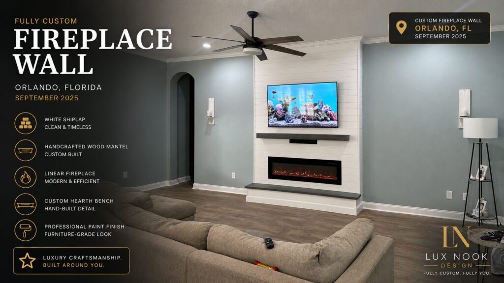 custom-fireplace-wall-projects-white-shiplap-orlando-september-2025.jpg Custom fireplace wall projects featuring a white shiplap fireplace wall with handcrafted mantel and bench in Orlando