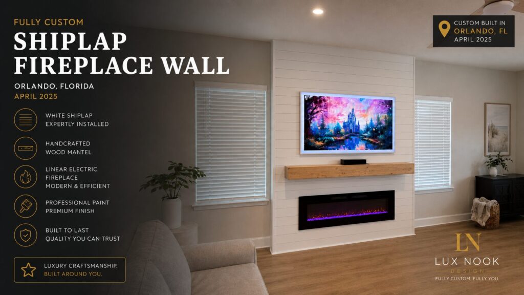 orlando-custom-fireplace-wall-project-white-shiplap-electric-fireplace.jpeg Custom fireplace wall project in Orlando, Florida with white shiplap, handcrafted wood mantel, professional painted finish, mounted TV, and linear electric fireplace.
