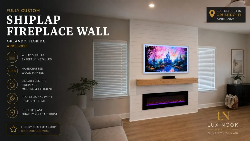 Custom fireplace wall project in Orlando, Florida with white shiplap, handcrafted wood mantel, professional painted finish, mounted TV, and linear electric fireplace.