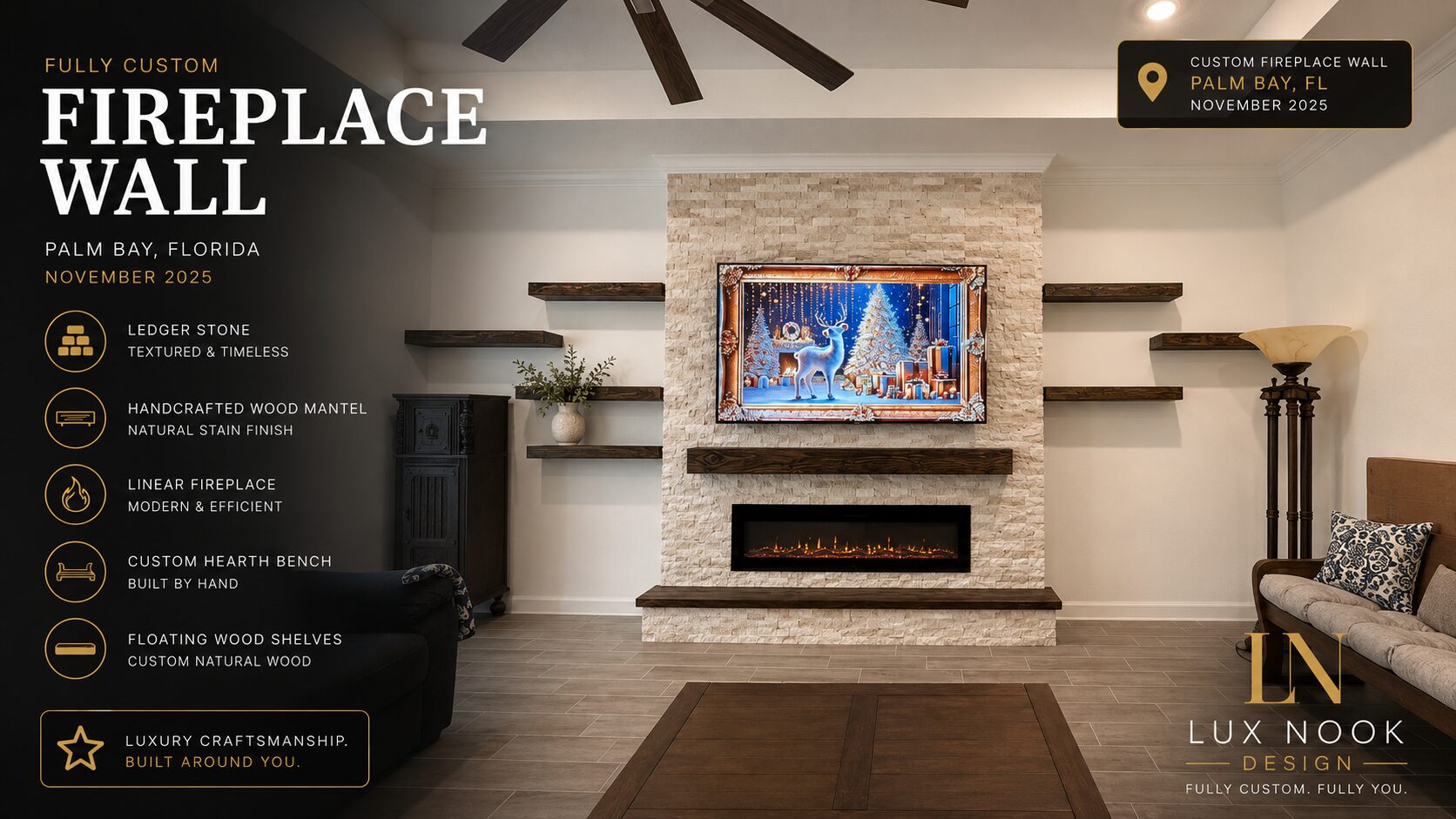 palm-bay-custom-fireplace-wall-project-ledger-stone-shelves.jpeg Custom fireplace wall project in Palm Bay, Florida with ledger stone, handcrafted wood mantel, floating shelves, custom hearth bench, and linear electric fireplace.