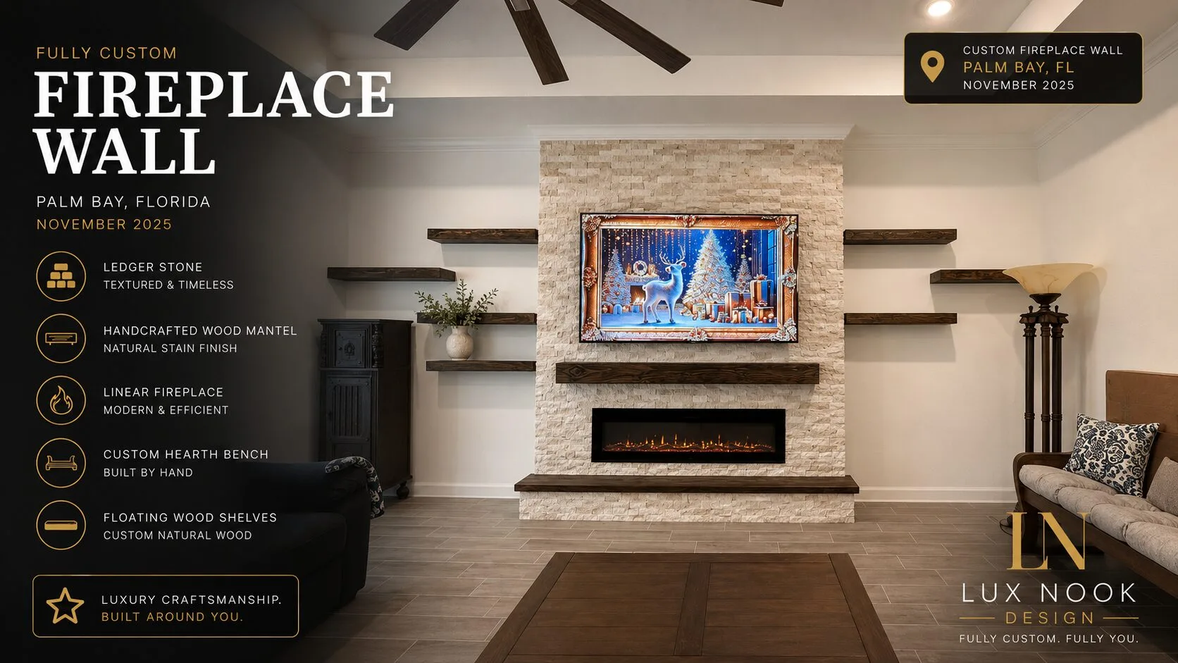 Custom fireplace wall project in Palm Bay, Florida with ledger stone, handcrafted wood mantel, floating shelves, custom hearth bench, and linear electric fireplace.
