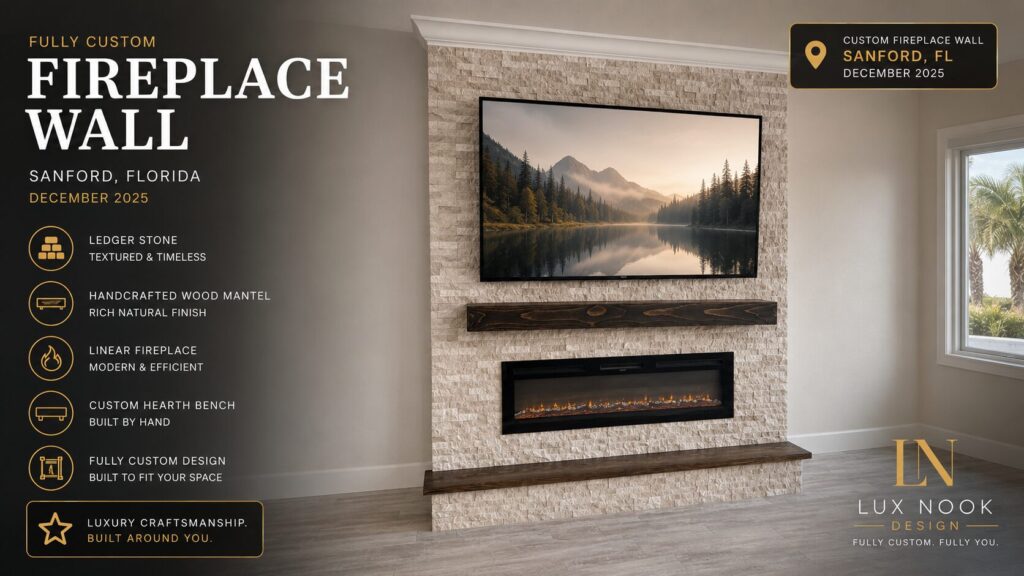 sanford-custom-fireplace-wall-project-ledger-stone-bench.jpeg Custom fireplace wall project in Sanford, Florida with textured ledger stone, handcrafted wood mantel, custom hearth bench, and linear electric fireplace.