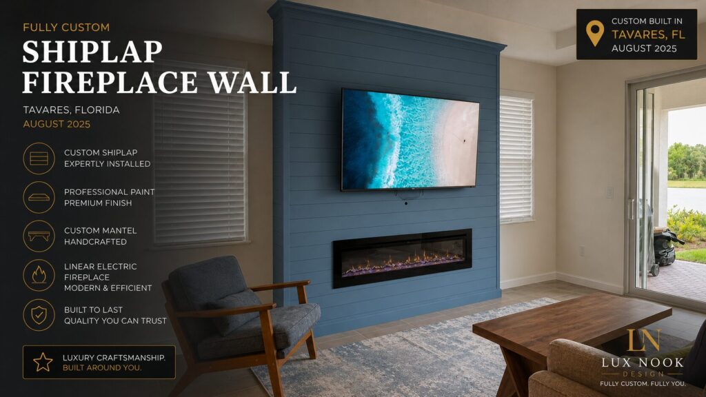 tavares-custom-fireplace-wall-project-blue-shiplap-mantel.jpeg Custom fireplace wall project in Tavares, Florida with blue shiplap, professional painted finish, custom mantel, mounted TV, and linear electric fireplace.