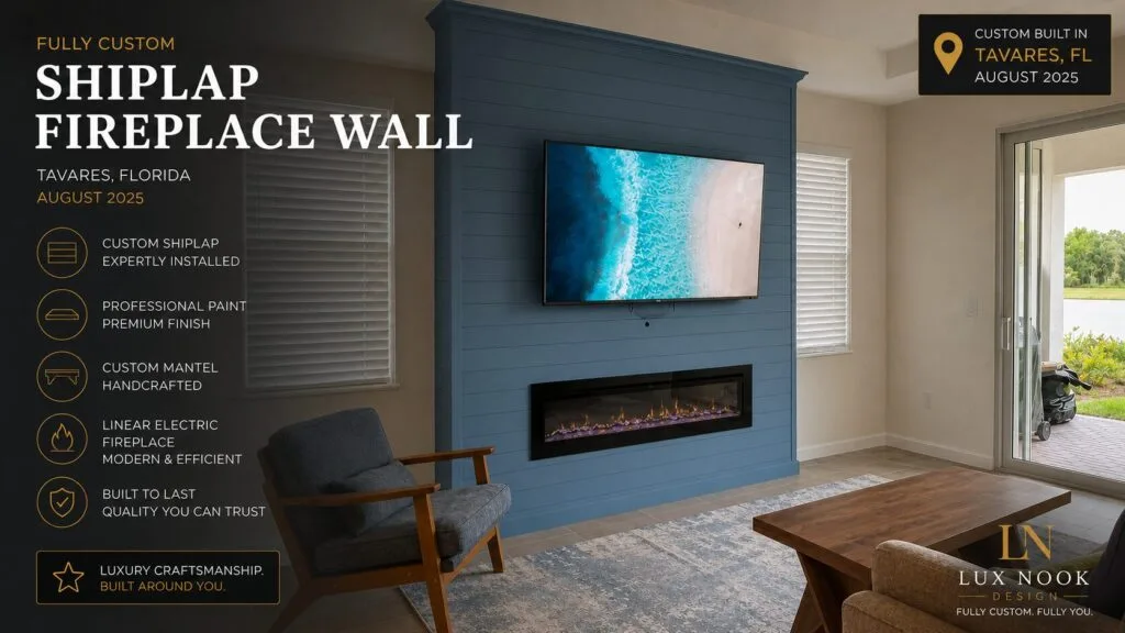 Custom fireplace wall project in Tavares, Florida with blue shiplap, professional painted finish, custom mantel, mounted TV, and linear electric fireplace.