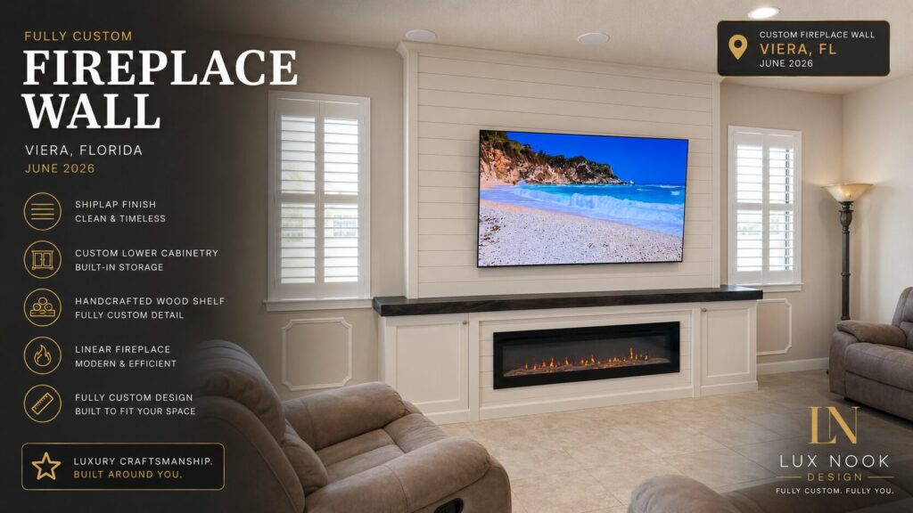 custom-fireplace-wall-projects-shiplap-built-in-cabinetry-viera-june-2026.jpg Custom fireplace wall projects with white shiplap, built-in cabinetry and handcrafted wood shelf in Viera, Florida