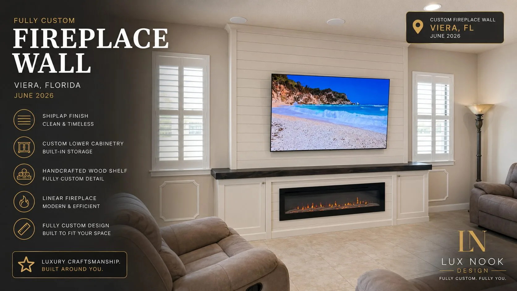 Custom fireplace wall project in Viera, Florida with white shiplap, built-in lower cabinetry, handcrafted wood shelf, mounted TV, and linear electric fireplace.